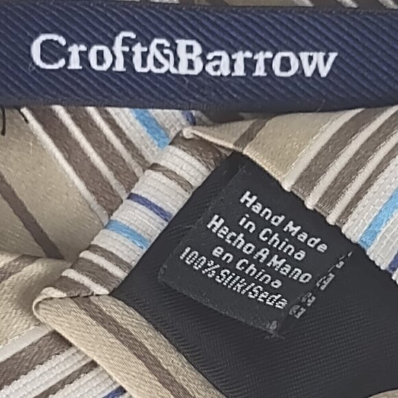 Croft & Barrow Men's Brown, Tan, Silver, Blue, White, 100% Silk Striped Necktie - Picture 8 of 8